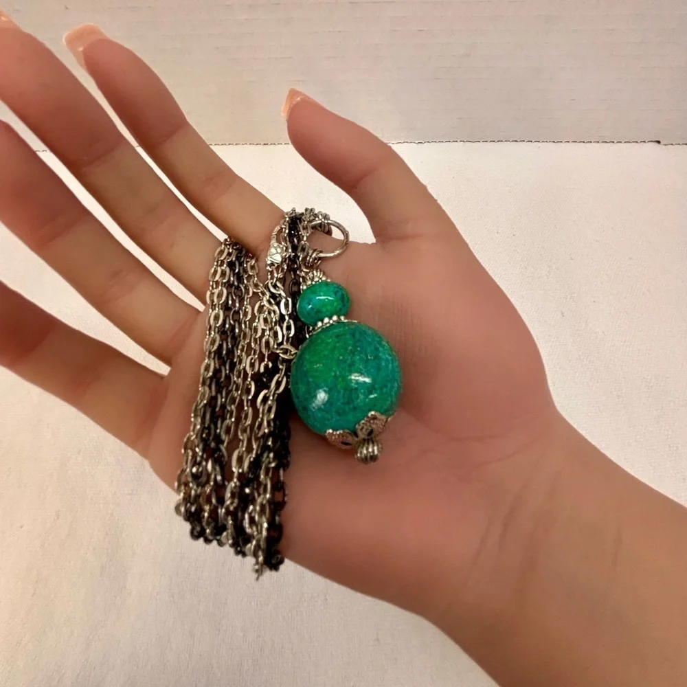 Chrysocolla Turquoise Blue Silver Tone Necklace with Larg Intricate Pendant - Picture 14 of 16
